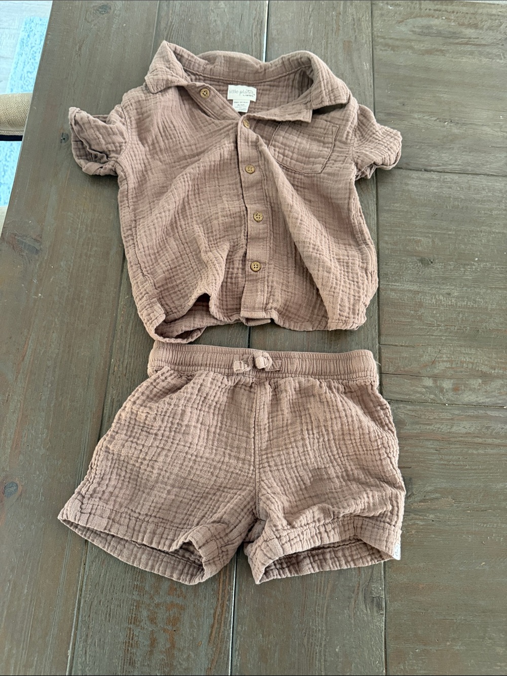 Kids Gauze Short Set in Taupe - Button Front Top and Elastic Waist Shorts